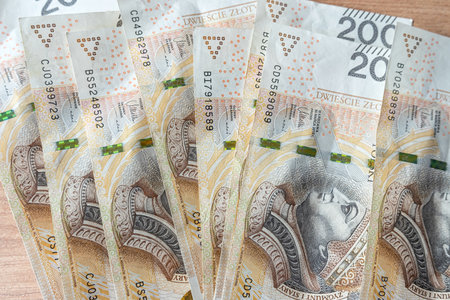 close-up of 200 zloty banknotes money, a bundle of banknotes. PLN currency