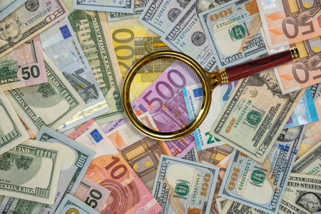 magnifying glass on US dollar and EU euro bills as background. Financial and saving concept. Main world currencyの写真素材
