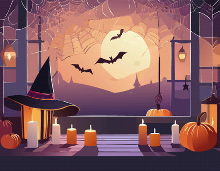 A Halloween scene with smiling pumpkins, flying bats, and a haunted house under a full moon in the night skyのイラスト素材