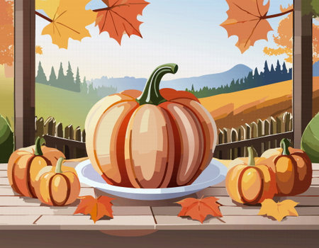 A truly serene autumn scene that features vibrant pumpkins and colorful leaves against a rolling landscape illustration Vectorのイラスト素材