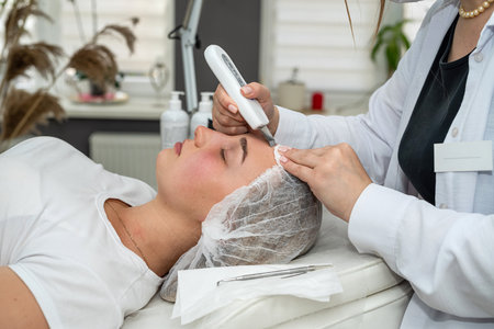 Beautiful female caucasian client in beauty salon receiving treatment facial peeling with ultrasound device. Cosmetology and facial skin careの写真素材