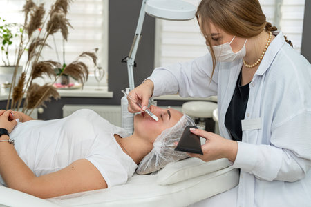 Young pretty woman receive rejuvenation beauty procedure face peeling procedure in beauty salon. Healthcare peeling creamの写真素材