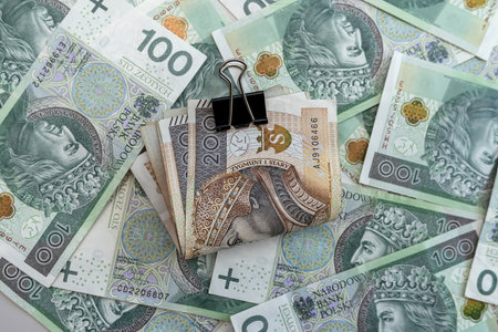 100 200 PLN zloty polish cash money banknotes background Changes in wages and taxes aの写真素材