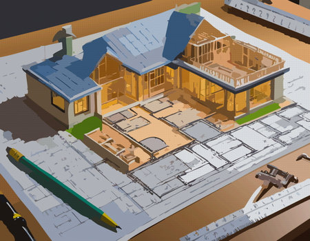 House project concept blueprint with a small  model  isometric vector illustrationのイラスト素材