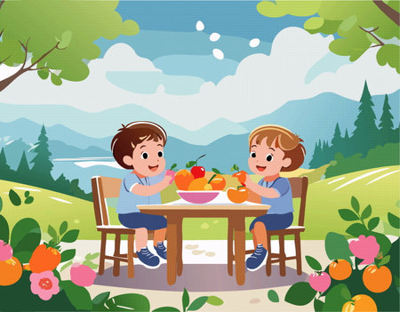 cartoon group of children sitting at the table and eating fresh fruit, illustration vectorのイラスト素材