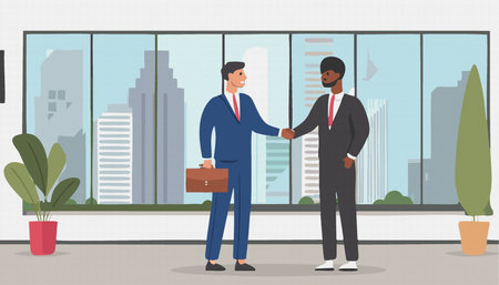 cartoon character two business man are handshke after a successful deal. Vector illustrationのイラスト素材