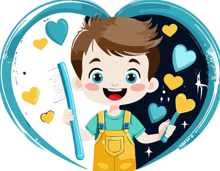Cartoon happy cute kid boy hold toothbrush, before  clean teeth. Healthcare,  vector illustrationのイラスト素材