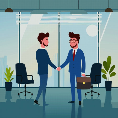 Meeting of businessmen, Handshake of two men in business suits at modern office. Vector illustrationのイラスト素材