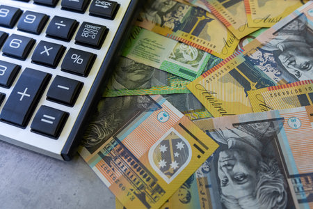 AUD Australian money with calculator, saving investment conceptの写真素材