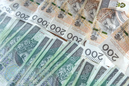 100 200 PLN zloty polish cash money banknotes background Changes in wages and taxesの写真素材