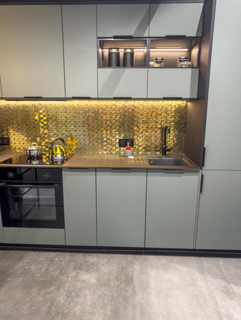 modern kitchen interior with cooking area with kitchenware lifestyleの写真素材