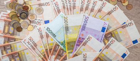 Pile of 500, 200 100, 50 20 EU euro paper banknote. Economics and finance. European currency.