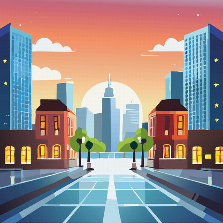City landscape with car, modenr buildings skyscrapers tree. Downtown nature landscape. Vector illustrationのイラスト素材
