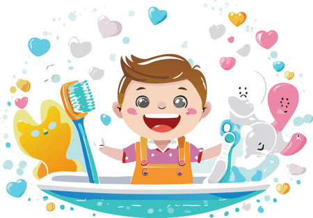 Cartoon happy cute kid boy hold toothbrush, before  clean teeth. Healthcare,  vector illustrationのイラスト素材