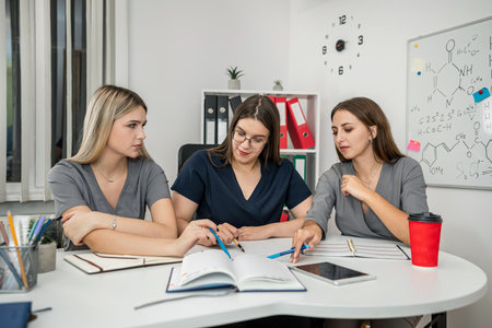 three female nurses holding a reflection workshop in the office with chemistry formulas on whiteboardの写真素材