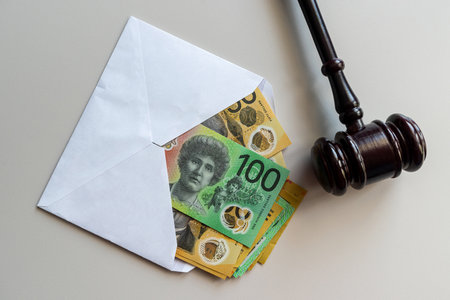 Wooden judge gavel on 50 100 new Australian dollars in envelope. Law and justice, corruption conceptの写真素材