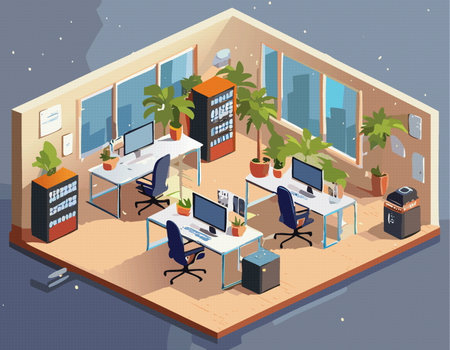 Vector isometric workplace in modern office composition. Business center floor illustrationのイラスト素材