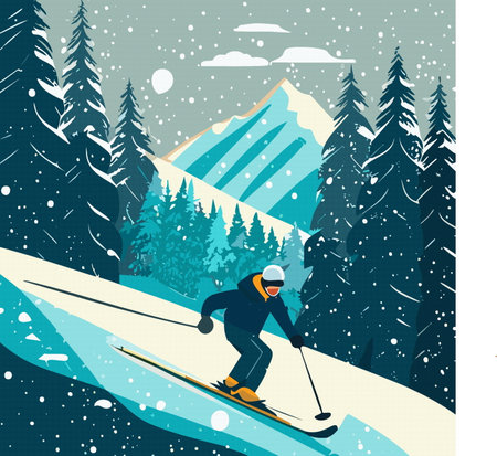 Sportsmen skier doing ski freestyle ride in forest, snow mountain landscape, vector eps 10のイラスト素材