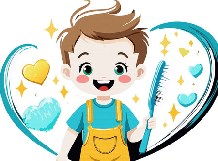 Cartoon happy cute kid boy hold toothbrush, before  clean teeth. Healthcare,  vector illustrationのイラスト素材