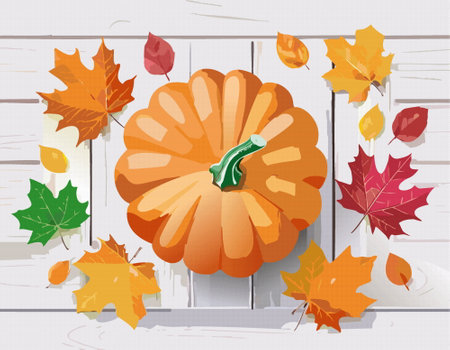 Happy Thanksgiving Background with autumn pumpkin vegetables and colorful leaves on wooden desk. Vector illustrationのイラスト素材