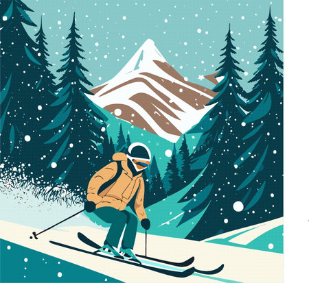 Sportsmen skier doing ski freestyle ride in forest, snow mountain landscape, vector eps 10のイラスト素材