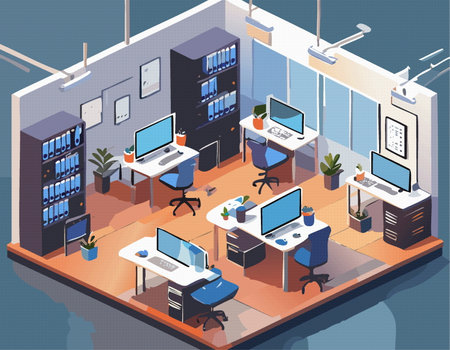 Vector isometric workplace in modern office composition. Business center floor illustrationのイラスト素材