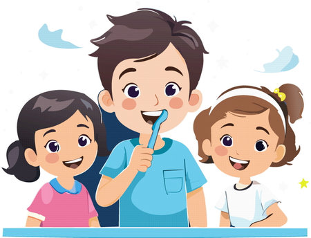 small children brush their teeth and hold a toothbrush, oral hygiene.  vector illustrationのイラスト素材