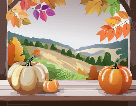 A truly serene autumn scene that features vibrant pumpkins and colorful leaves against a rolling landscape illustration Vectorのイラスト素材