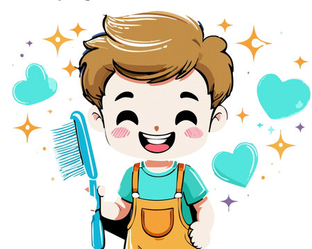 Cartoon happy cute kid boy hold toothbrush, before  clean teeth. Healthcare,  vector illustrationのイラスト素材
