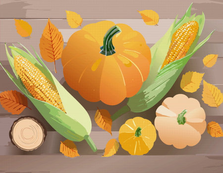 Happy Thanksgiving Background with autumn pumpkin vegetables and colorful leaves on wooden desk. Vector illustrationのイラスト素材