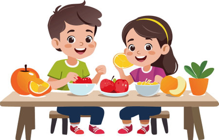 cartoon group of children sitting at the table and eating fresh fruit, illustration vectorのイラスト素材
