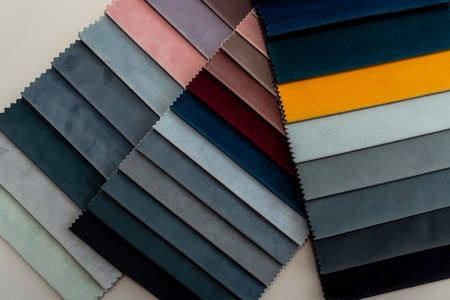 Colorful upholstery color samples of a fabric in shop. All for renovation sofaの写真素材