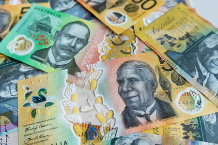 new banknotes 50 and 100 Australian dollars money as finance background. AUD, cashの写真素材