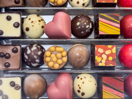 chocolate and candies in a box on a store shelf. Sweet candy