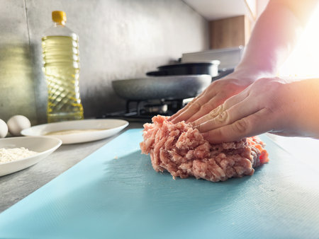 Female hand mixing mince for the dumplings or cutlets at home. Uncook raw foodの写真素材