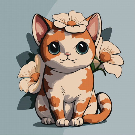 cartoon cute cat and flowers, vector. Funny animalのイラスト素材