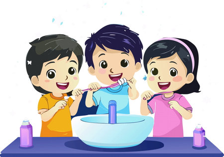 small children brush their teeth and hold a toothbrush, oral hygiene.  vector illustrationのイラスト素材