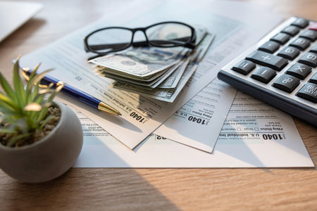 2023 tax form 1040 us  money and glasses, taxation concept. Time for tax, financeの写真素材