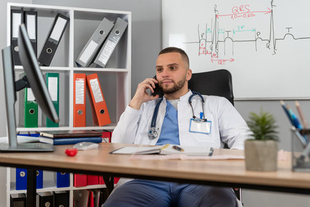 Caucasian young doctor wearing white uniform coat with stethoscope work at medical office, sitting at workdeskの写真素材