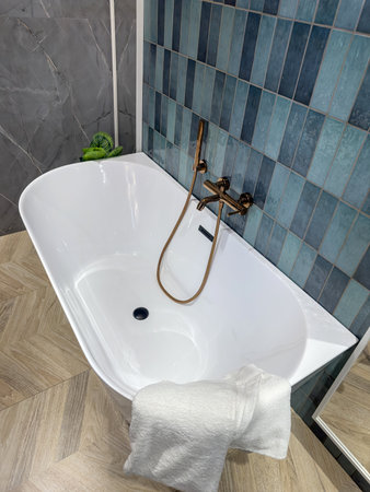 Interior residential bathroom stylish bathroom interior with ceramic white tubの写真素材