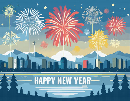 Happy new year celebration with fireworks  on lake and mountain background. 2025のイラスト素材