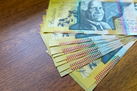 Background of 50 100 Australian currency banknotes. Aussie currency, finance conceptの写真素材