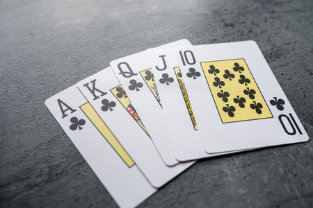 Set of Clubs Royal flush of five cards in the casino. Risk and win conceptの写真素材