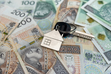 stack of Polish money PLN banknotes with house key to the flat lying on themの写真素材