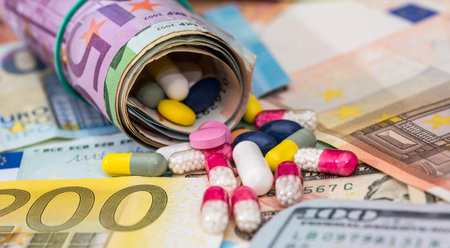 multi-colored pills on money background - euro and dollar bills. Concept of expensive cost of medicineの写真素材