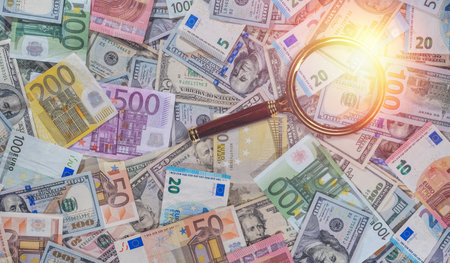 magnifier glass is placed on paper euro and dollar bills. Main international currencyの写真素材