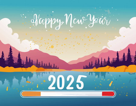 LOADING 2025 Download bar with summer backround of lake forest sky, Template for web or printのイラスト素材