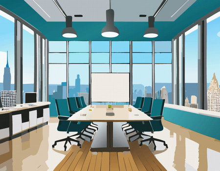 There is a spacious conference room that features a long table surrounded by several chairs, along with a large screen for presentationsのイラスト素材