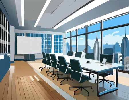 There is a spacious conference room that features a long table surrounded by several chairs, along with a large screen for presentationsのイラスト素材