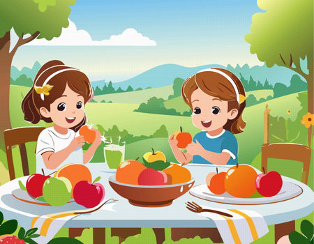 cartoon group of children sitting at the table and eating fresh fruit, illustration vectorのイラスト素材